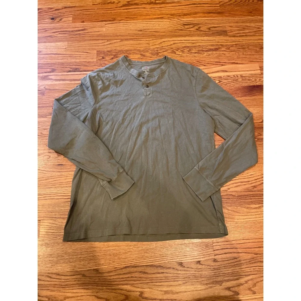 J. Crew Mens Henley Shirt XL Tall Olive Green Vintage Jersey Long Sleeve